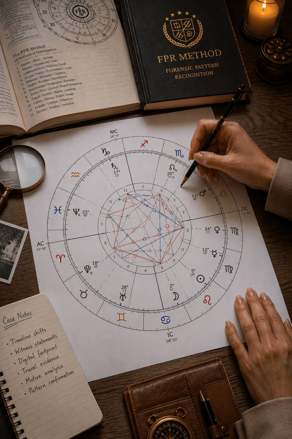Forensic astrology desk setup with candles and charts