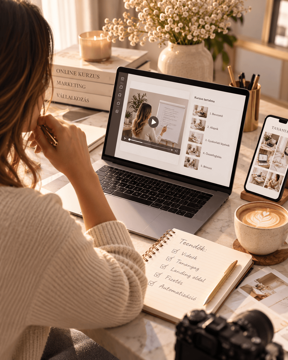 Online tanfolyam készítése laptopon