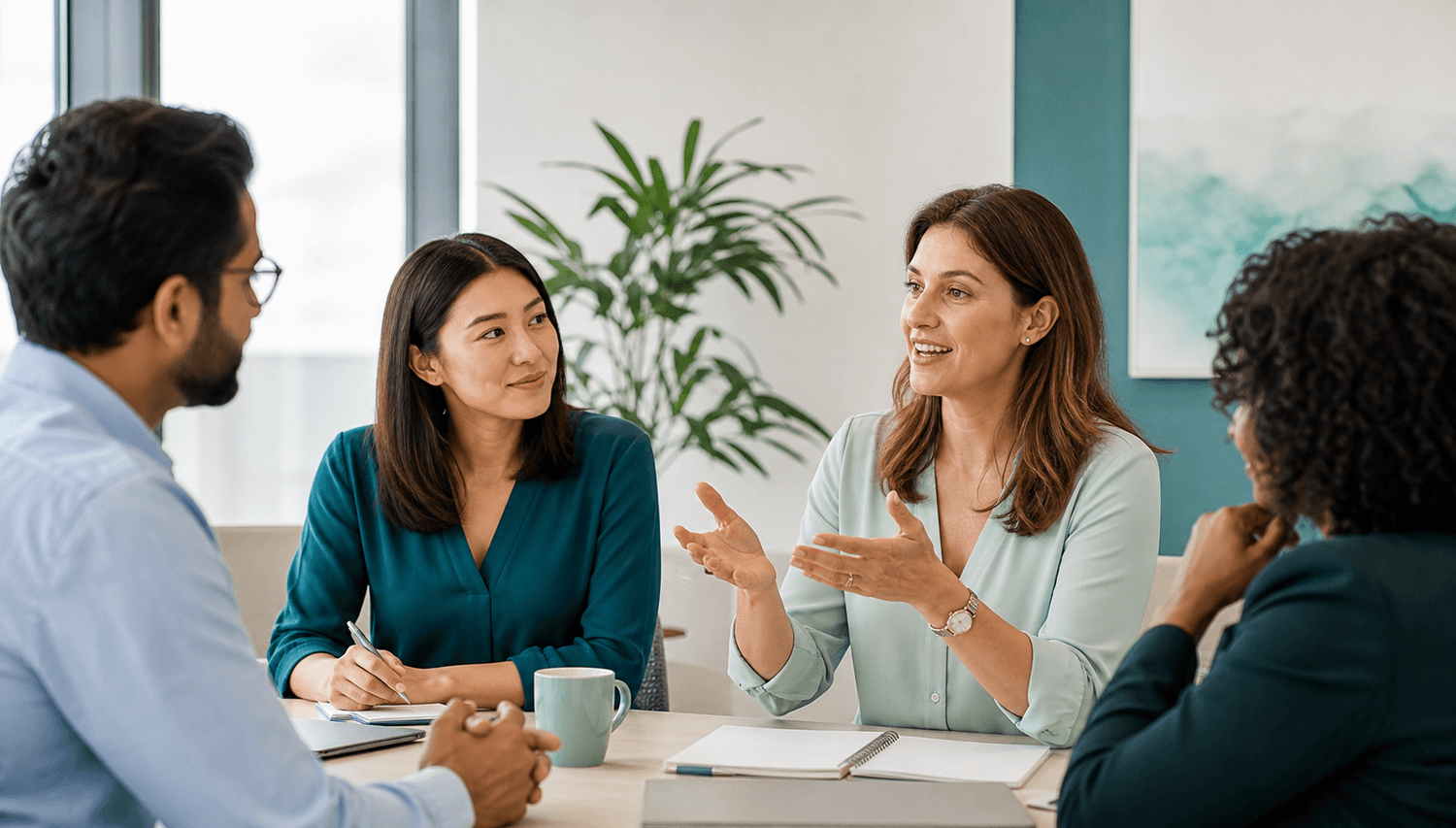One man and three woman sitting in a conference room