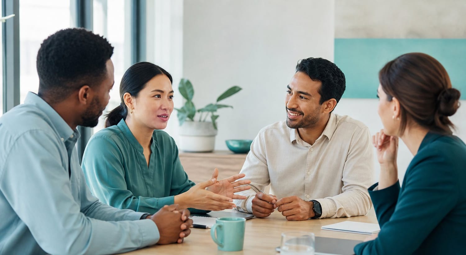 Two man and two woman sitting in a conference room