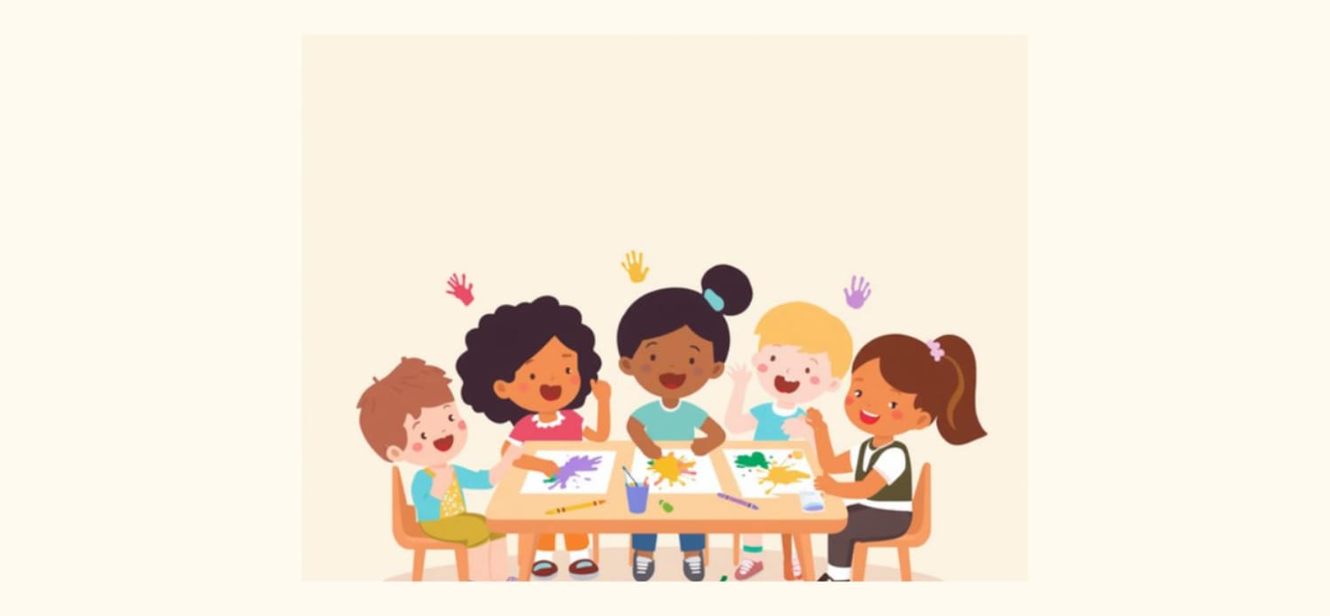 Illustration of preschool kids finger painting together at a table