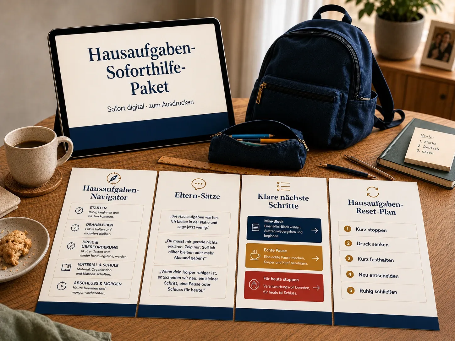 Hausaufgaben-Soforthilfe-Paket für Eltern mit Hausaufgaben-Navigator, Eltern-Sätzen, klaren nächsten Schritten und Hausaufgaben-Reset-Plan – digital verfügbar und zum Ausdrucken