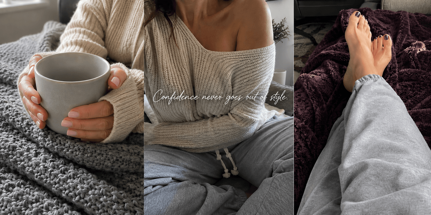 Victoria Vale cozy lifestyle collage with coffee, knitwear, and polished feet