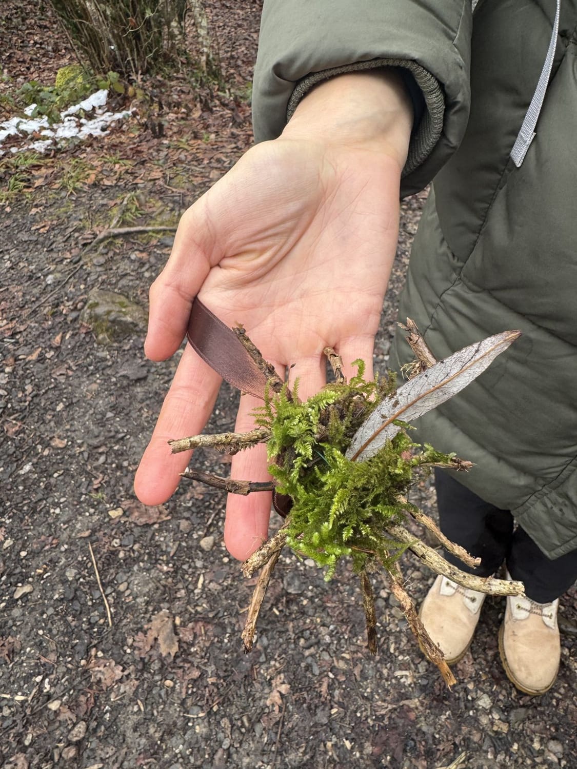 Offene Hand mit Moos, Zweigen und Federn, gesammelt am Waldweg