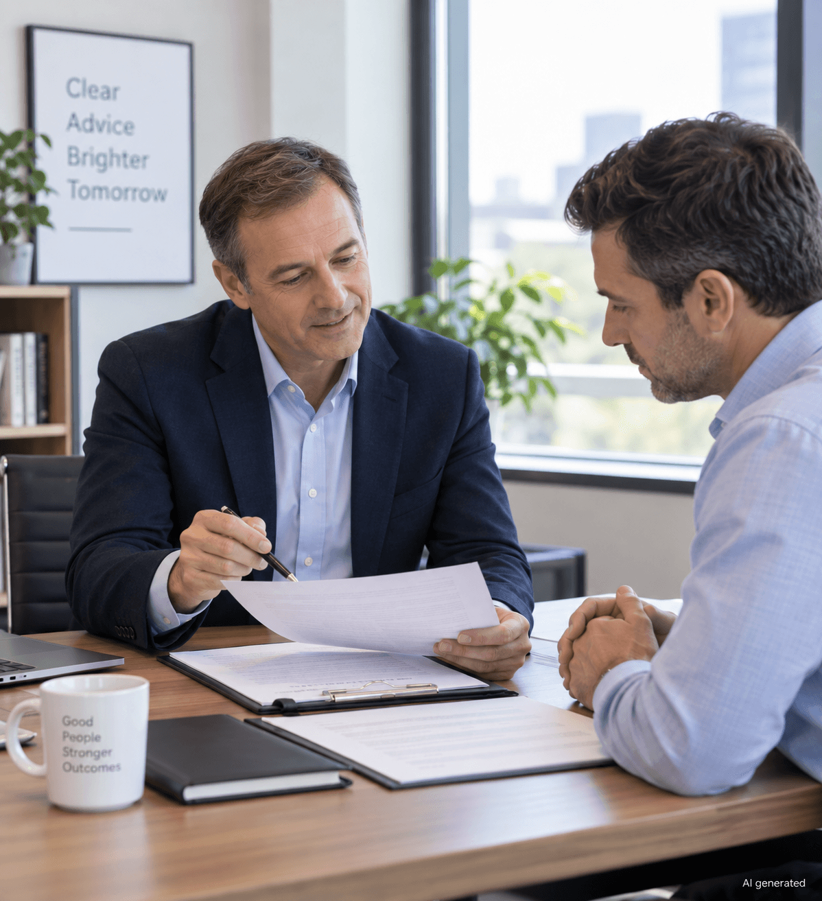 Consulente uomo che esamina documenti con un cliente in ufficio