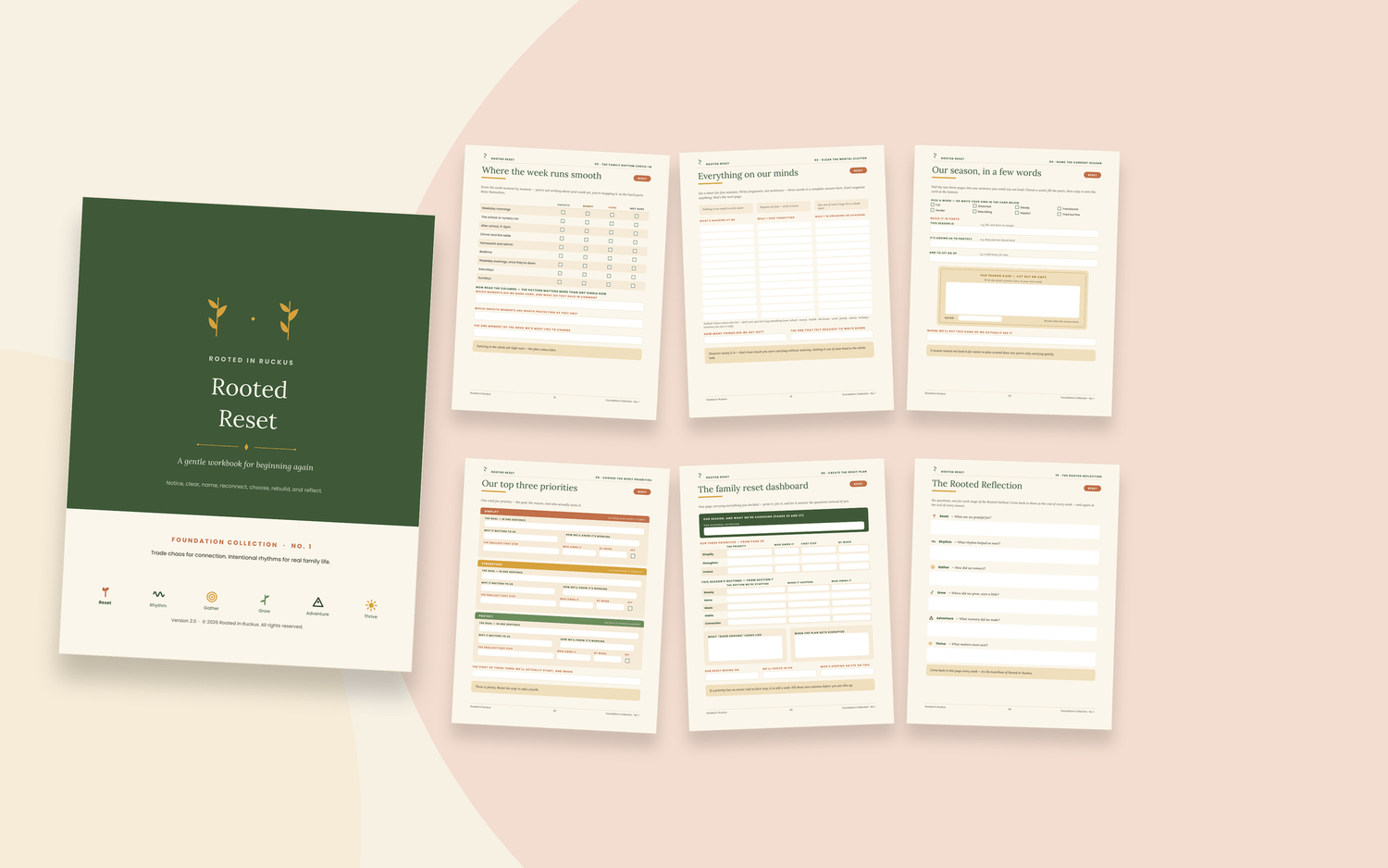 The Rooted Reset cover beside six pages from the workbook: where the week runs smooth, everything on our minds, our season in a few words, our top three priorities, the family reset dashboard, and The Rooted Reflection.