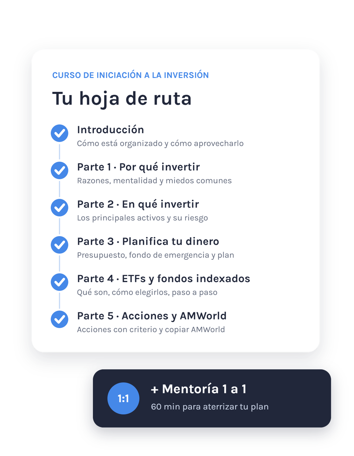 Hoja de ruta del Curso de Iniciación a la Inversión: introducción, 5 partes y mentoría 1 a 1