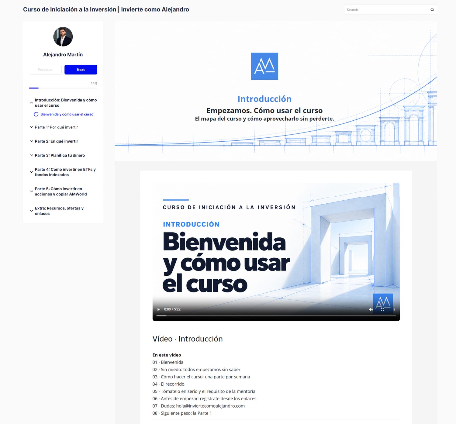 Área de alumno del Curso de Iniciación a la Inversión