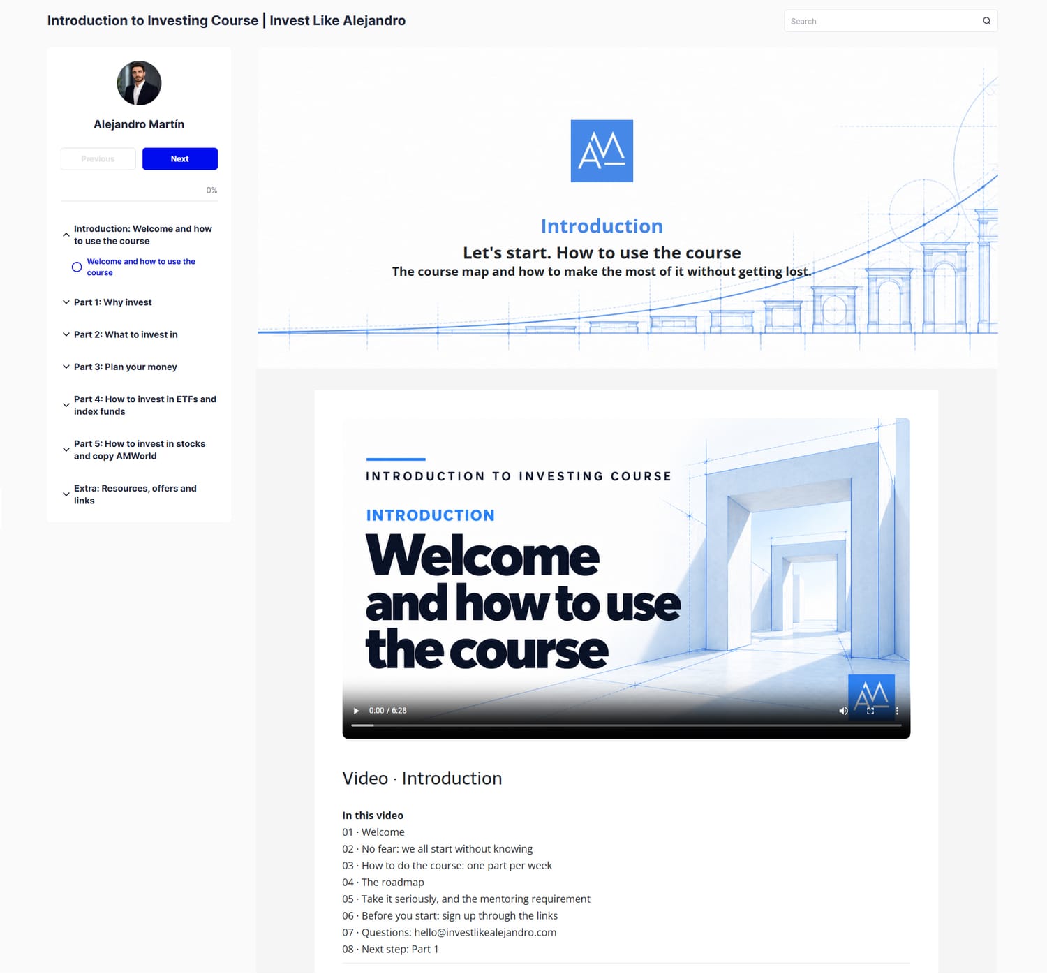 Student area of the Introduction to Investing Course