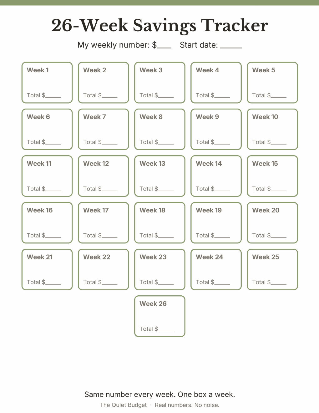 A one-page printable titled 26-Week Savings Tracker with blank lines for the weekly number and start date and twenty-six boxes labeled week one to week twenty-six, each with a blank total line.