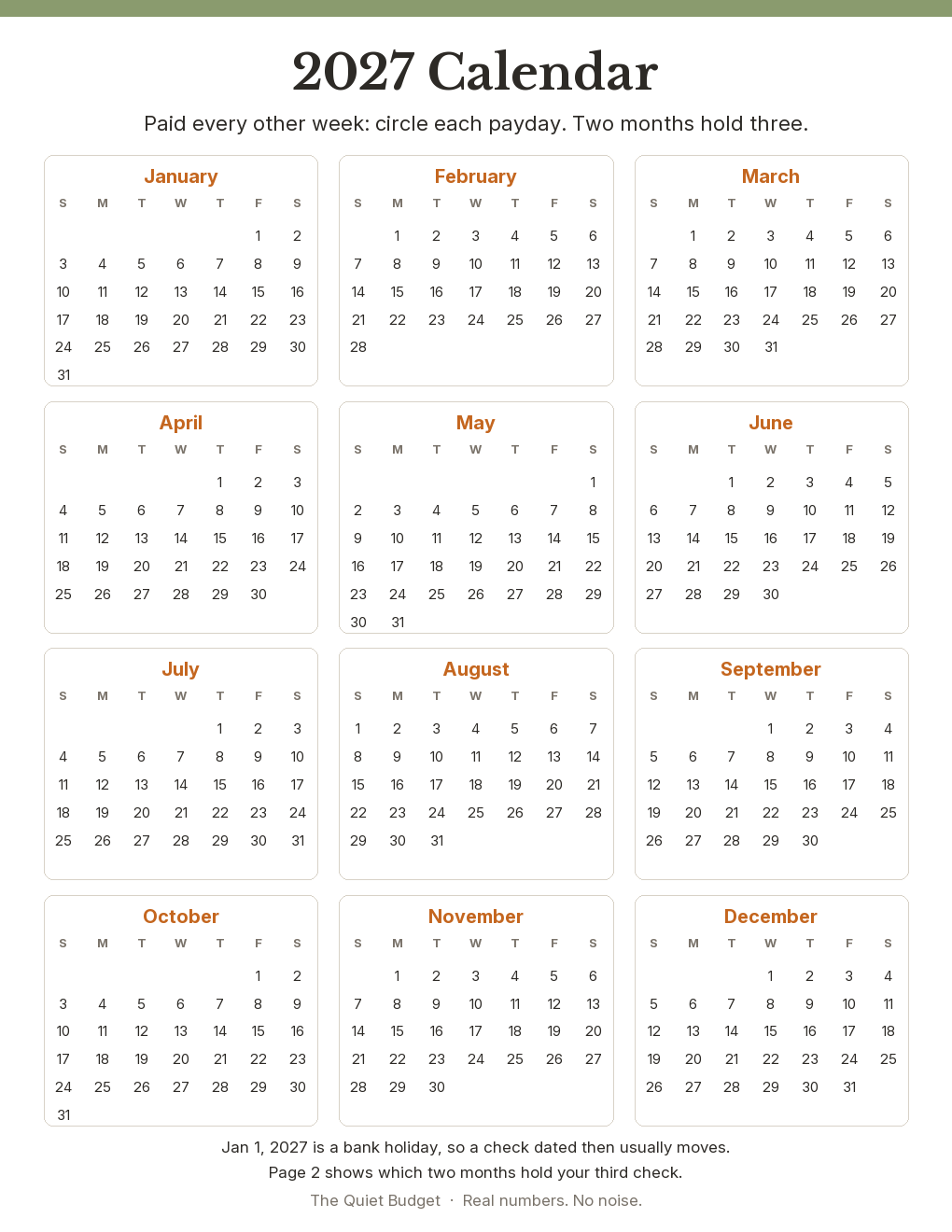 A one-page 2027 calendar printable: twelve dated months, weeks starting Sunday, with room to circle each payday.
