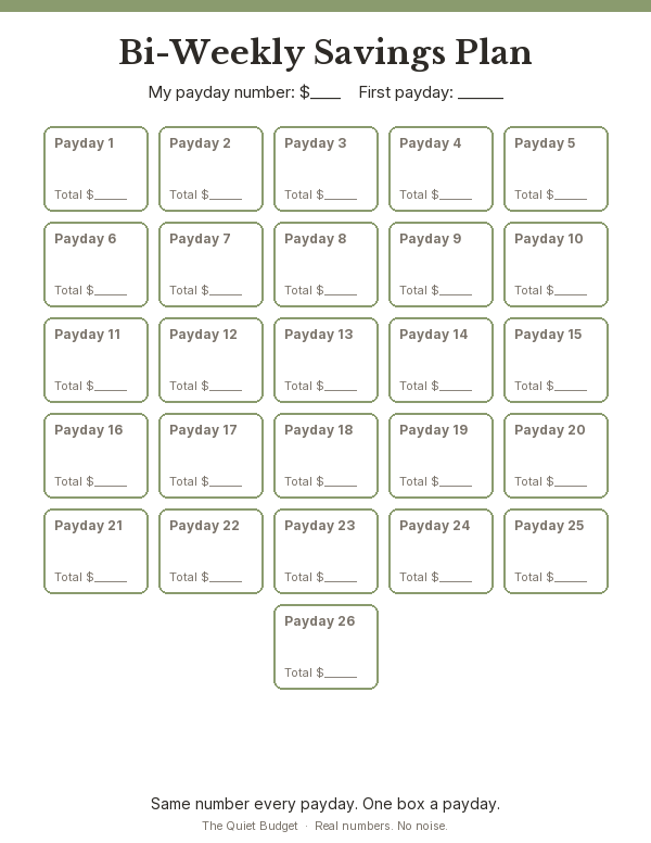 A one-page printable titled Bi-Weekly Savings Plan with blank lines for the payday number and first payday and twenty-six boxes labeled payday one to payday twenty-six, each with a blank total line.