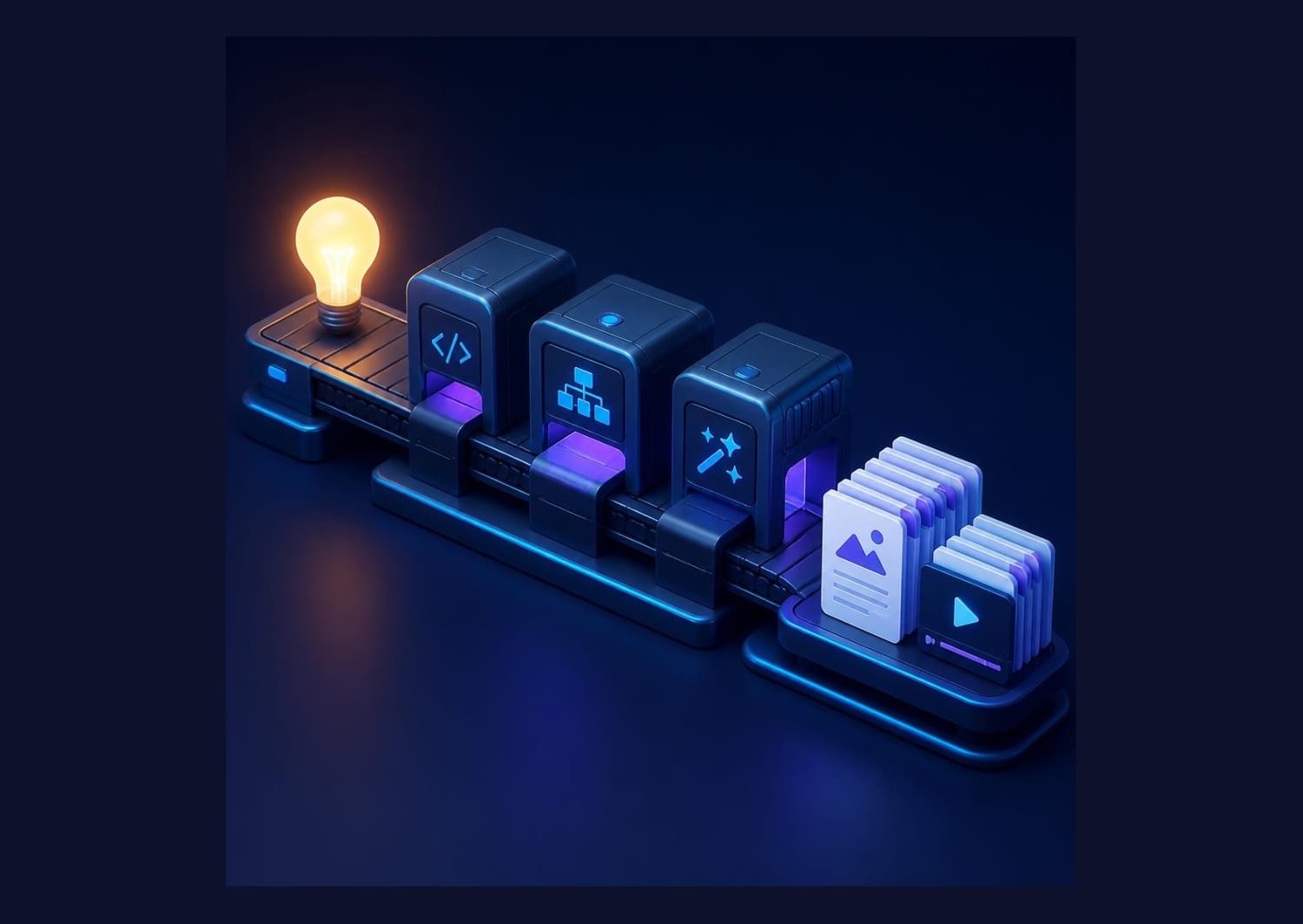 A conceptual diagram of a creator business Content Factory Engine, showing a bright light bulb going into a 3-stage content assembly line conveyor belt, which processes ideas into completed stacks of images and videos.