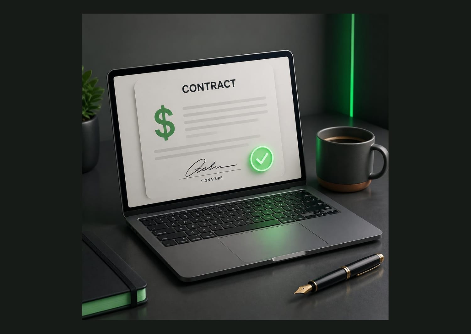 A laptop screen displaying a signed brand deal contract on a table next to a charcoal grey mug, a black notebook, and a fountain pen, illustrating how to successfully pitch brands.