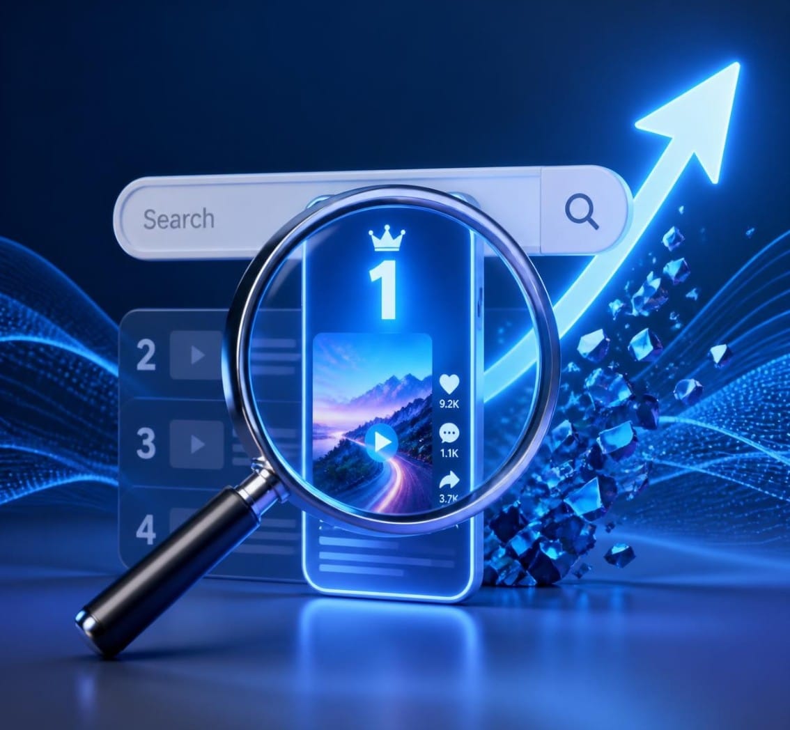 A blue conceptual graphic illustrating a short form video SEO strategy, showing a magnifying glass over a phone screen displaying a number 1 search ranking, a hovering search bar, and a rising arrow breaking through the ground in the background.