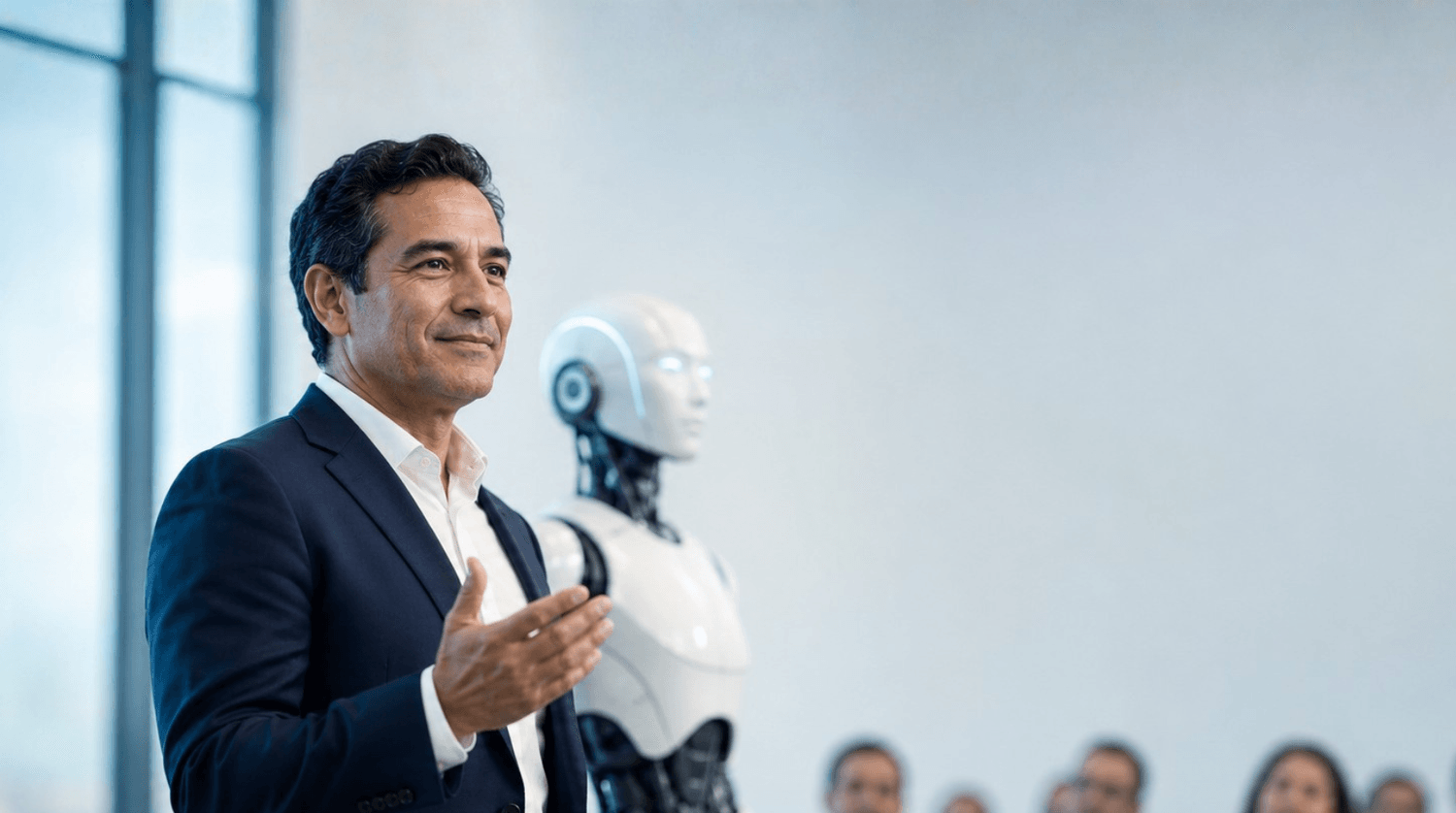 Líder presentando frente a un robot humanoide blanco durante una sesión sobre inteligencia artificial