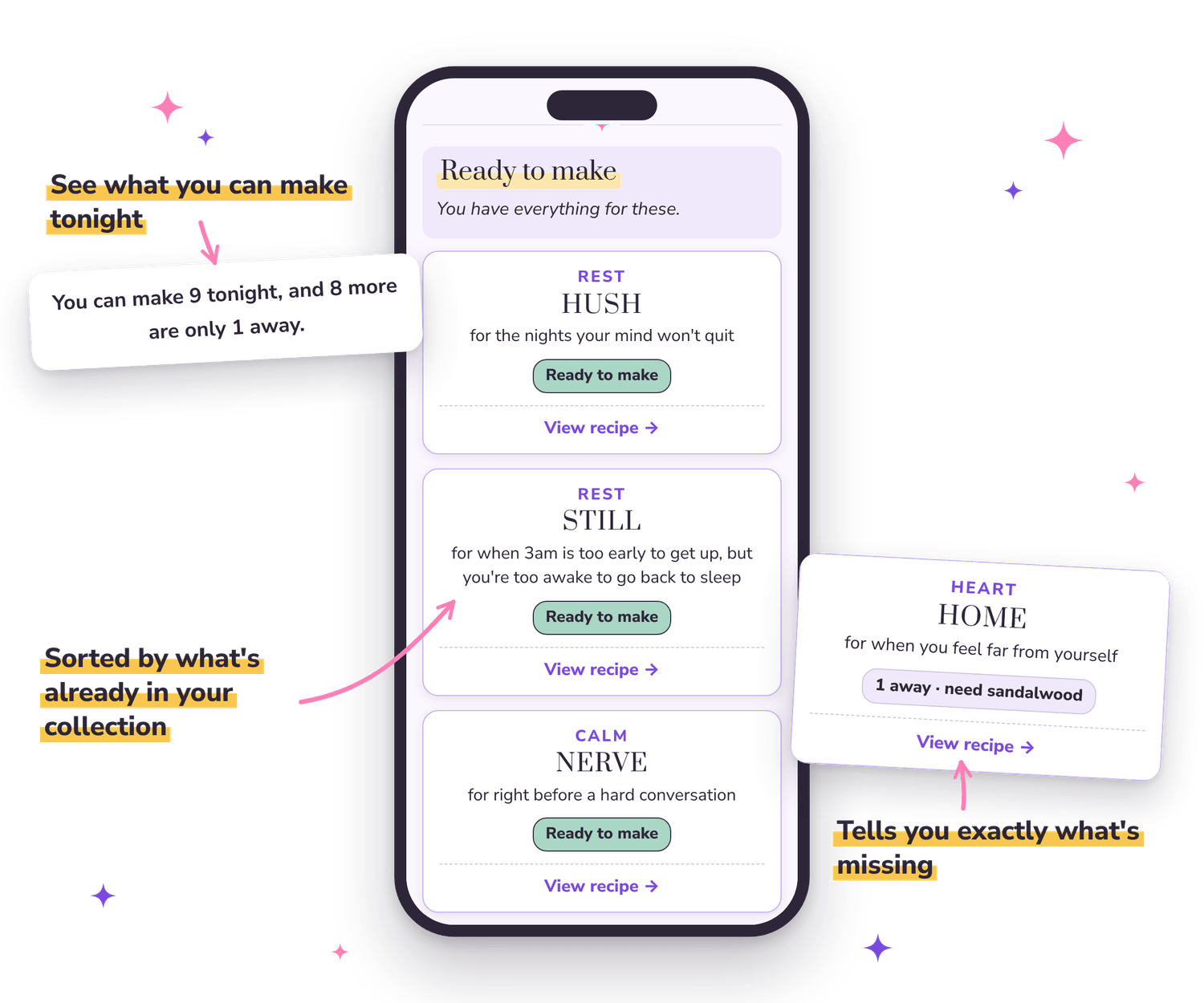 The Blend Finder on a phone, showing the blends you can make from your collection