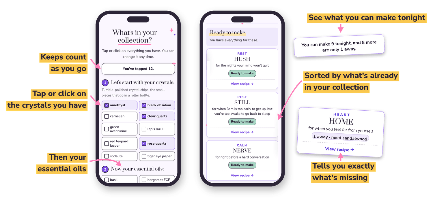 Misty's Crystal and Essential Oil Blend Finder on 2 phones