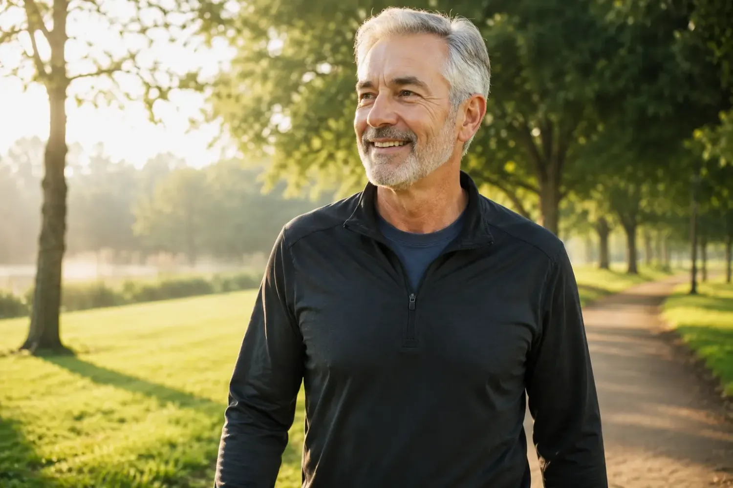 An active man enjoying a morning walk outdoors