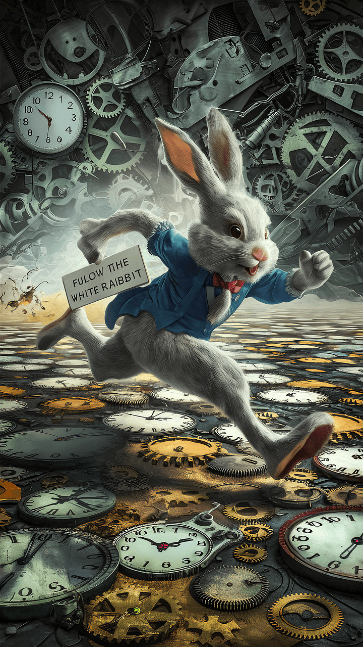 lapin qui court avec horloge autour