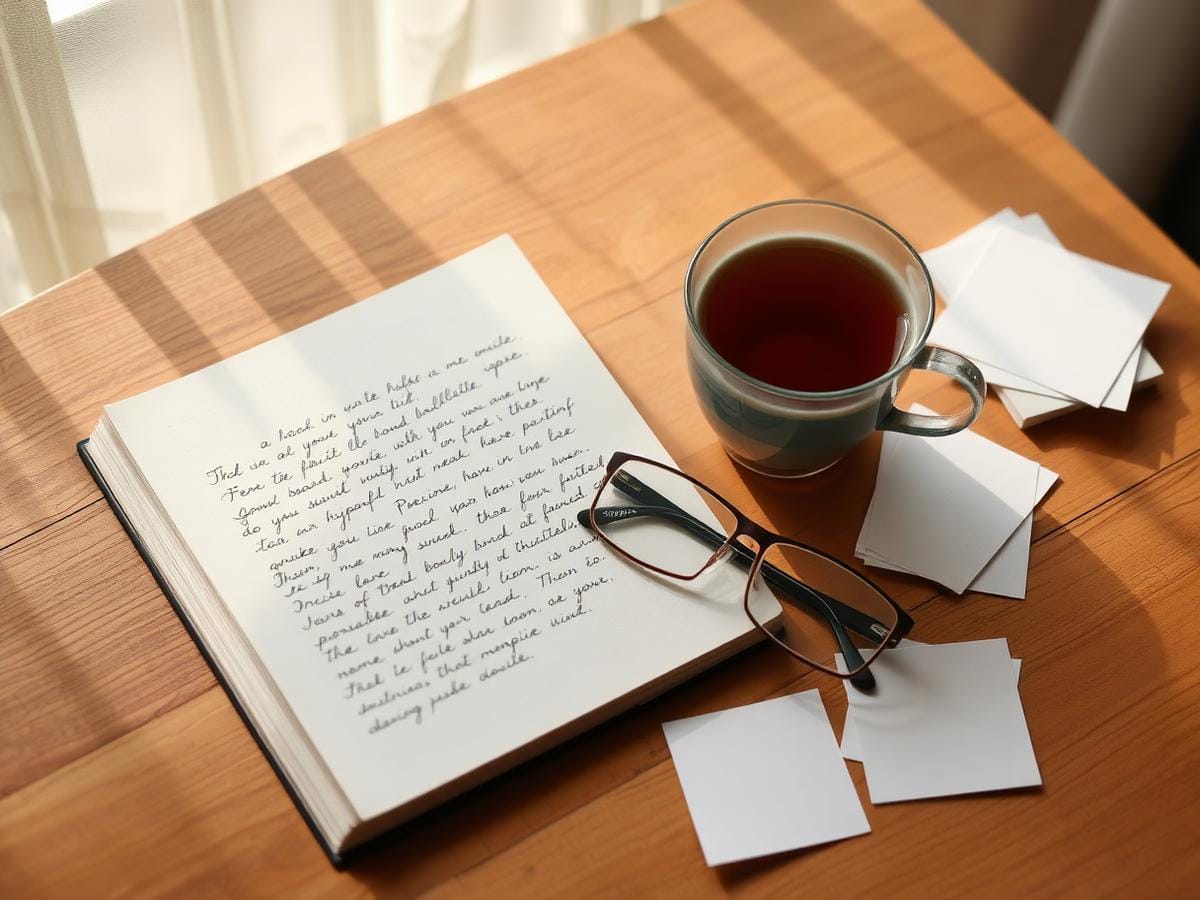 Carnet ouvert, tasse de thé et cartes de réflexion sur une table en bois