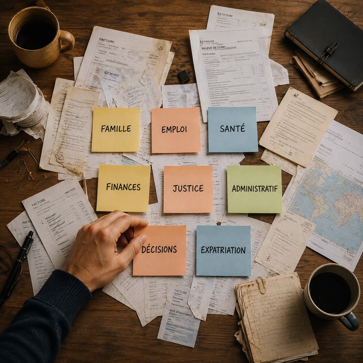 Post-its organisés sur une table pour remettre de l’ordre dans une situation