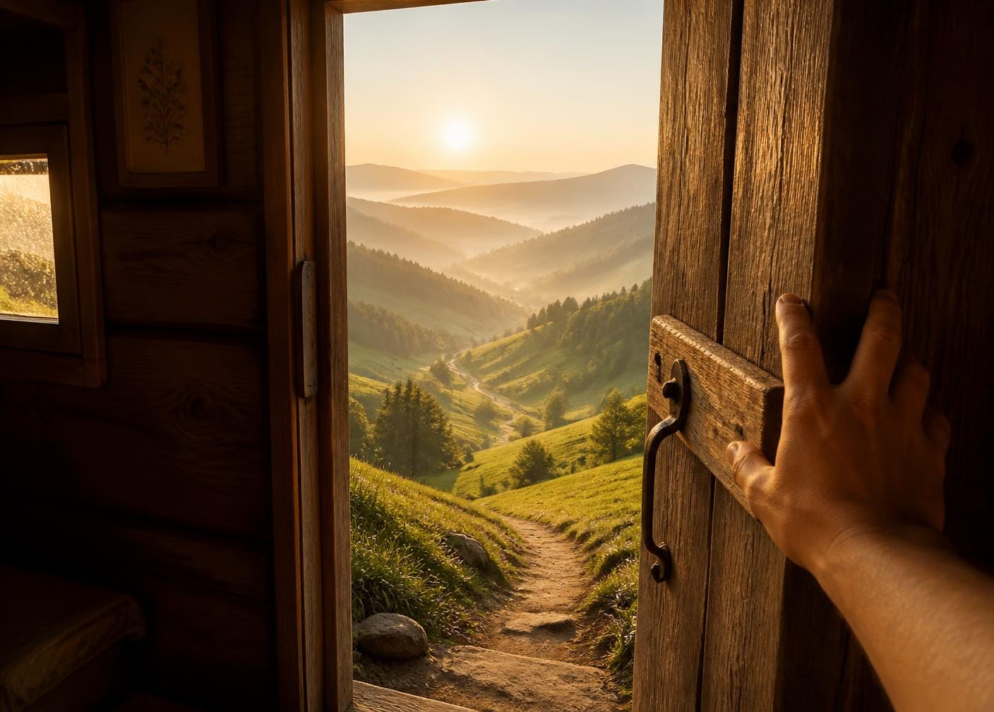 Porte ouverte sur un paysage lumineux symbolisant un nouveau chemin