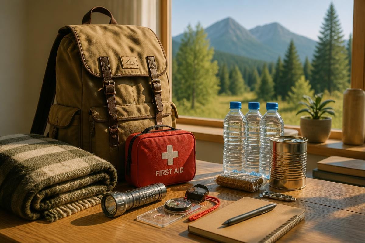 Un kit d'urgence préparé sur une table en chêne, devant une fenêtre ouverte sur la montagne
