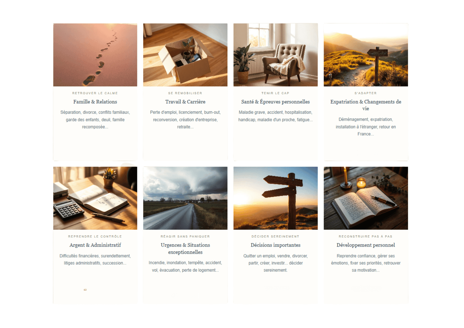 Grille des 8 situations couvertes par MindCraft : Famille & Relations, Travail & Carrière, Santé & Épreuves personnelles, Expatriation & Changements de vie, Argent & Administratif, Urgences & Situations exceptionnelles, Décisions importantes, Développement personnel