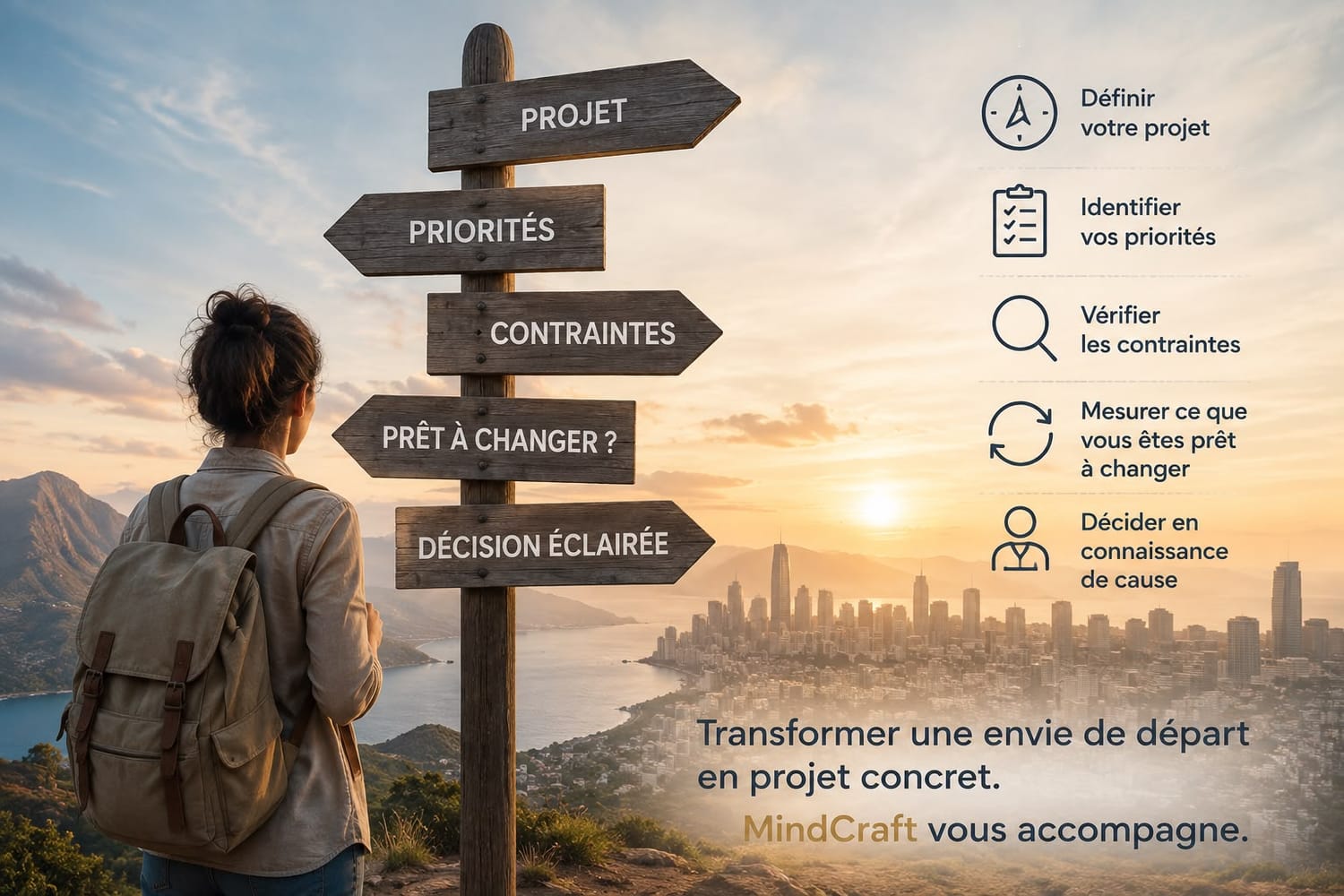 Panneau indicateur avec cinq directions : Projet, Priorités, Contraintes, Prêt à changer ?, Décision éclairée, avec une checklist de la méthode MindCraft
