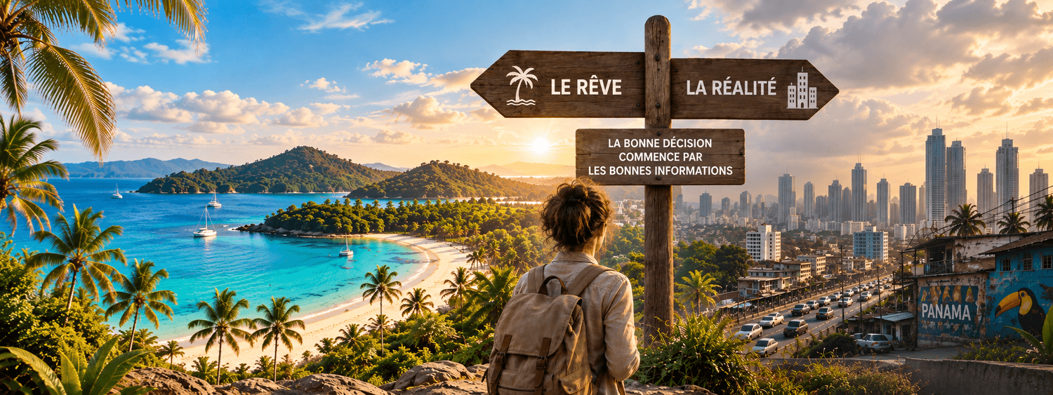 Une femme avec un sac à dos regarde un panneau qui compare Le Rêve et La Réalité, plage tropicale à gauche, ville de Panama à droite