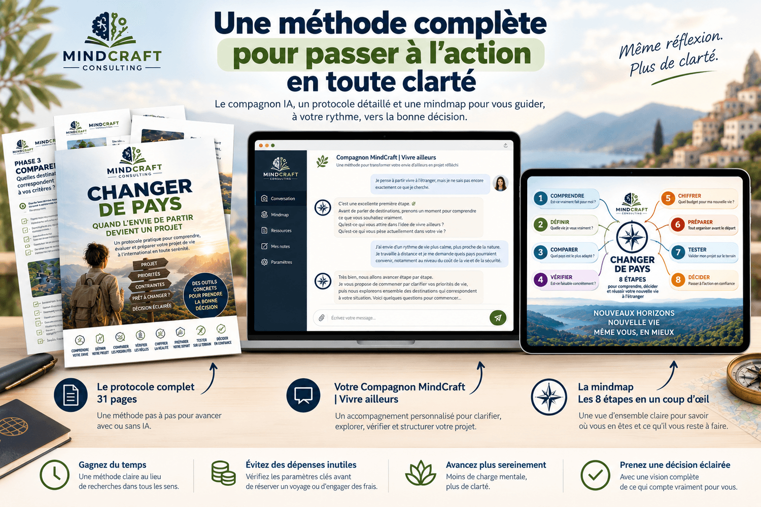Mockup de la méthode Changer de pays : le protocole complet 31 pages, le Compagnon MindCraft Vivre ailleurs, et la mindmap des 8 étapes