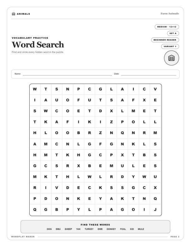 Generated Word Search worksheet