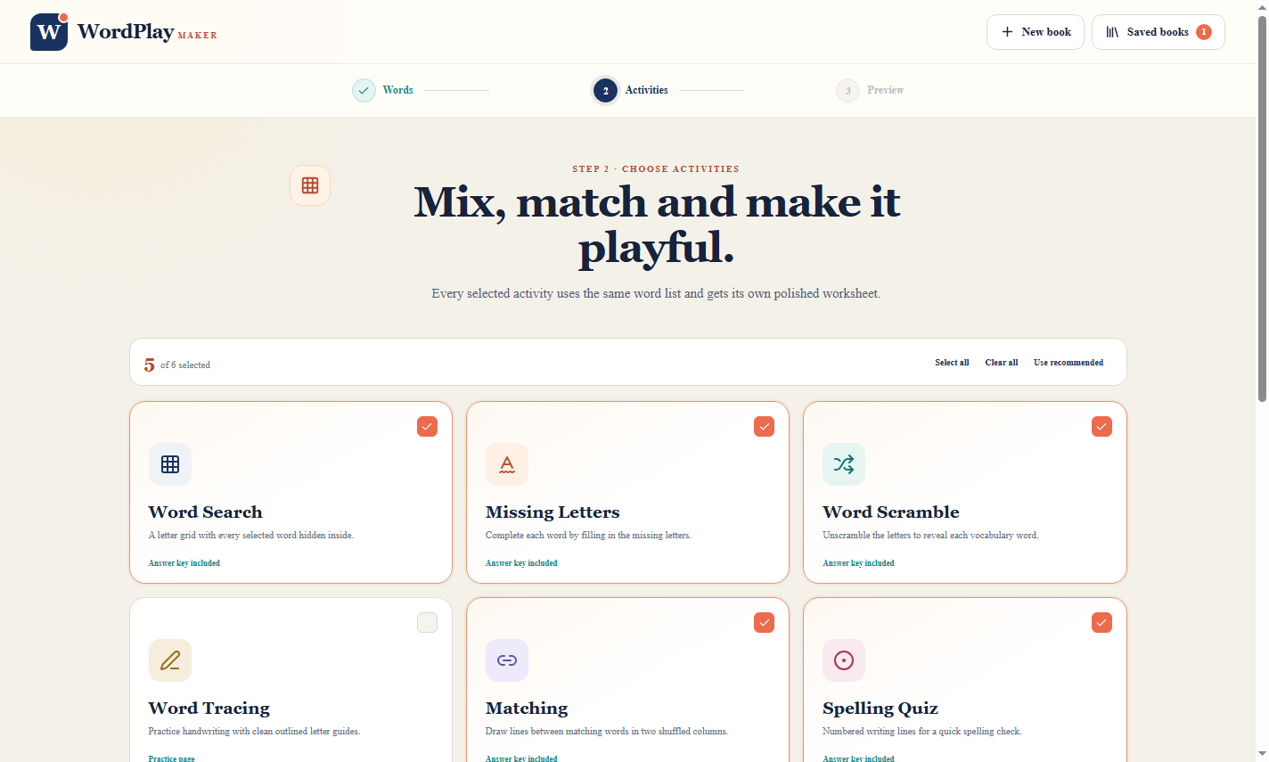 WordPlay Maker activity selection screen