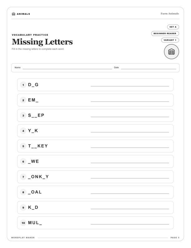 Generated Missing Letters worksheet