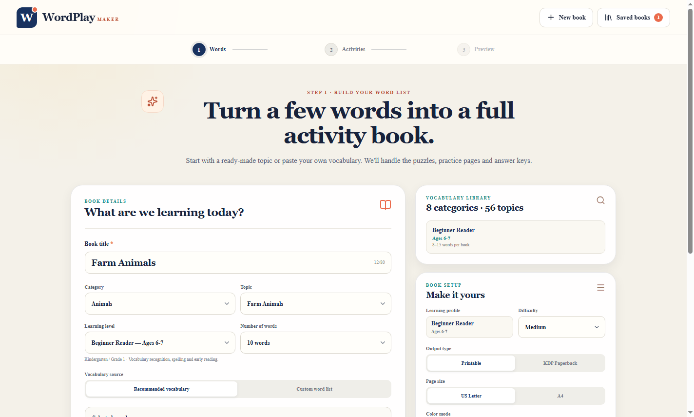 WordPlay Maker topic and vocabulary setup screen