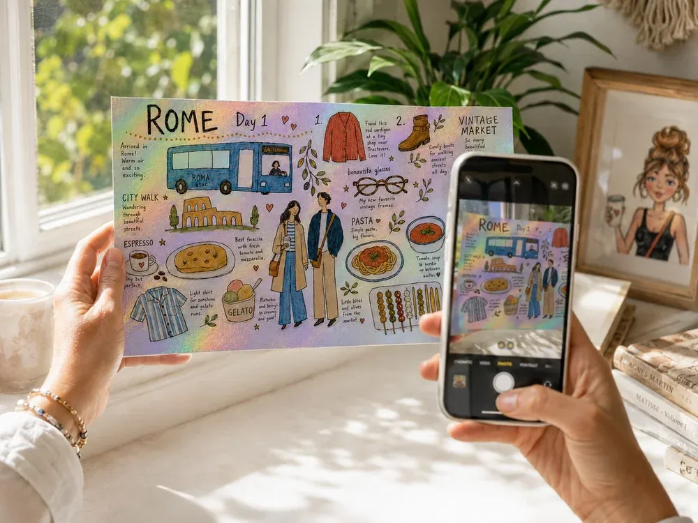 Hands photographing a finished Rome Day 1 holographic memory page with a phone