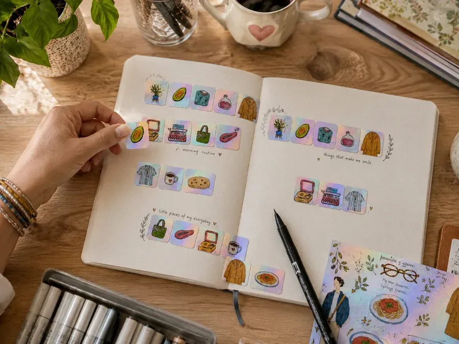 Hands placing holographic stickers onto an open journal page