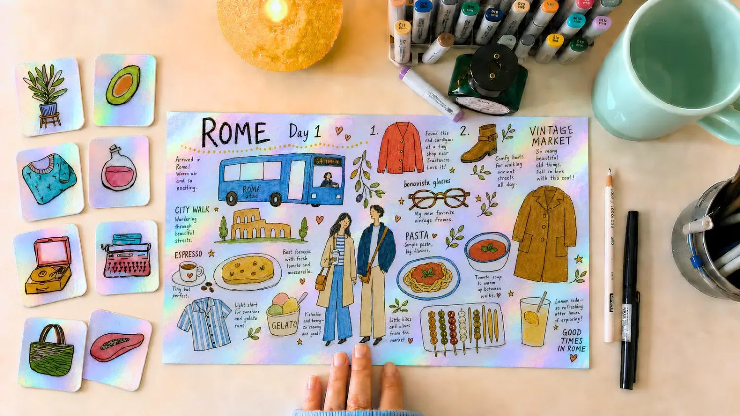 Finished Rome Day 1 holographic memory page with stickers, markers, and supplies