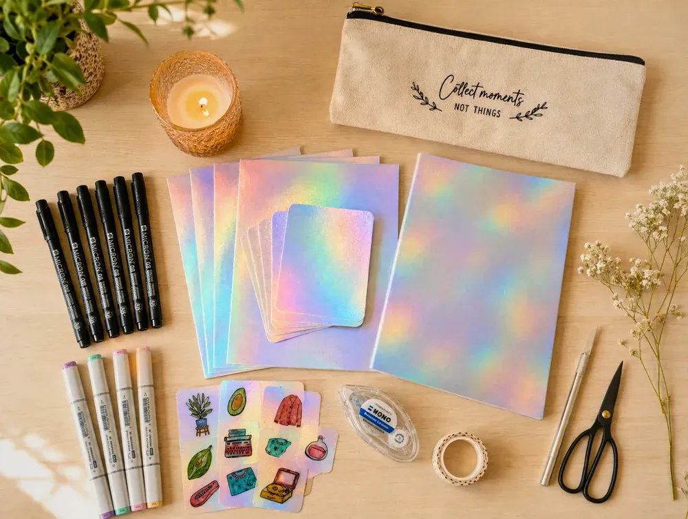 Holographic paper, pens, markers, scissors, tape, and illustrated pieces arranged on a table