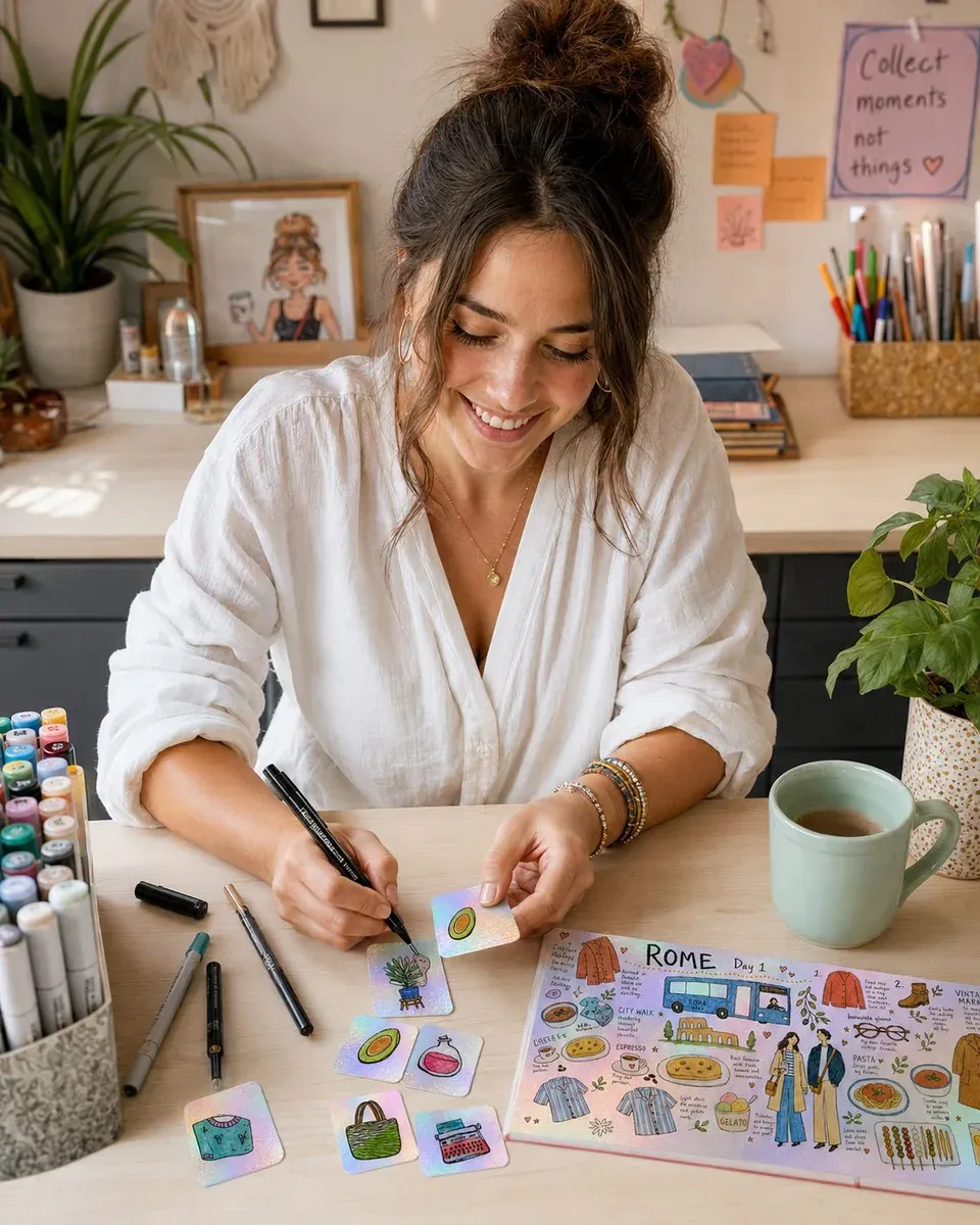 Milica drawing holographic stickers at her desk