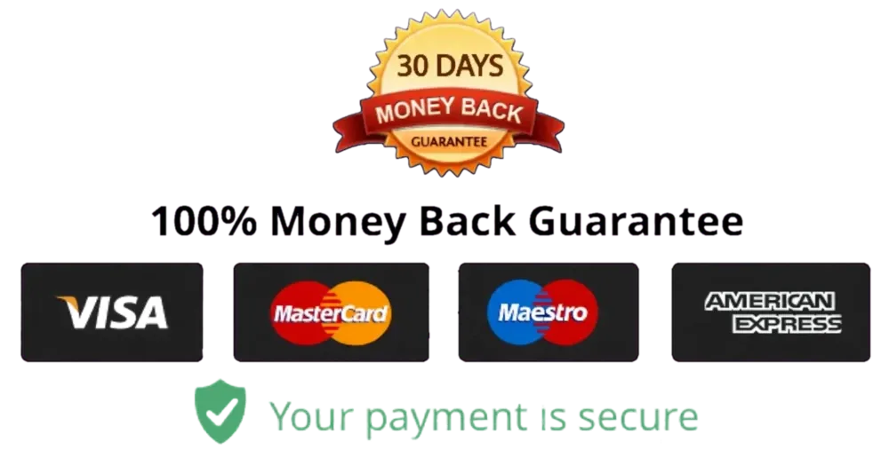 30-day and 100% money-back guarantee, secure payment, and accepted card badges