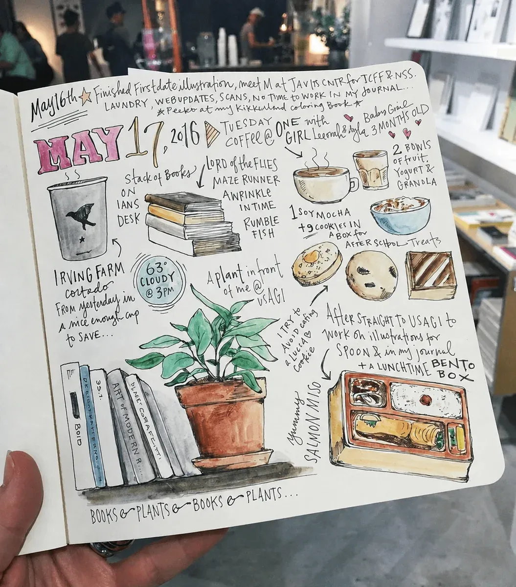 Open illustrated daily journal page held in a cafe