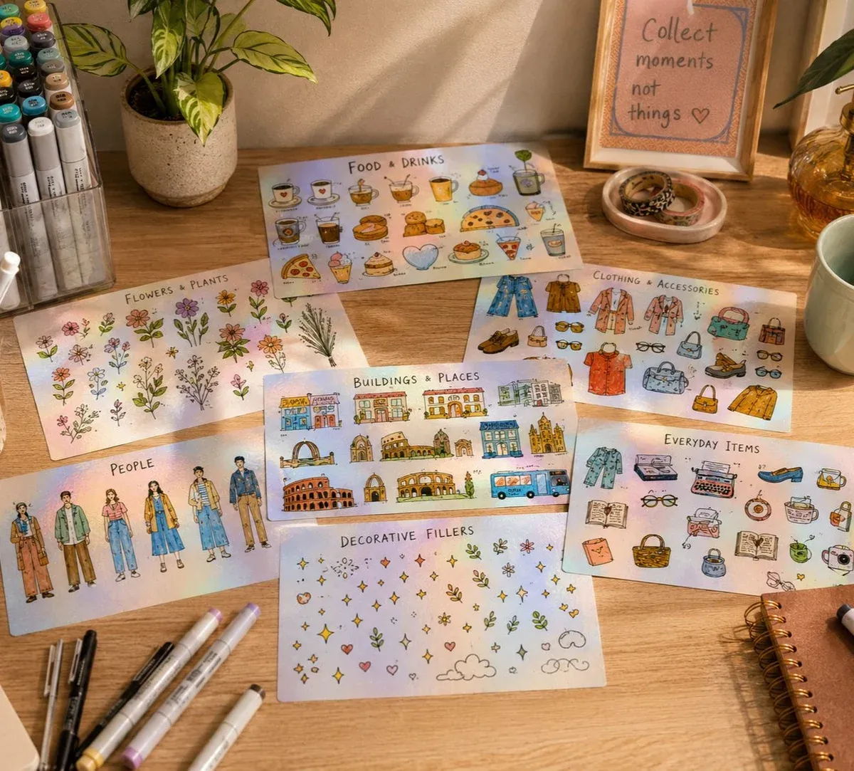 Seven themed holographic reference sheets of flowers, food, people, buildings, and more