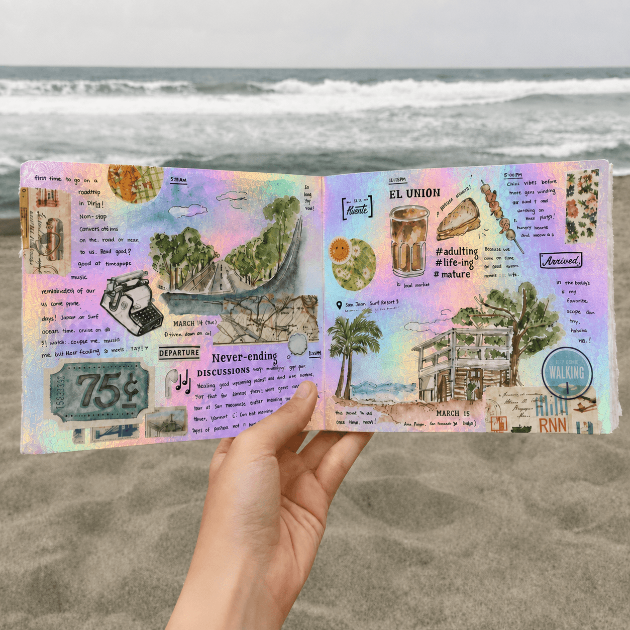 Holographic travel journal spread held in front of the ocean