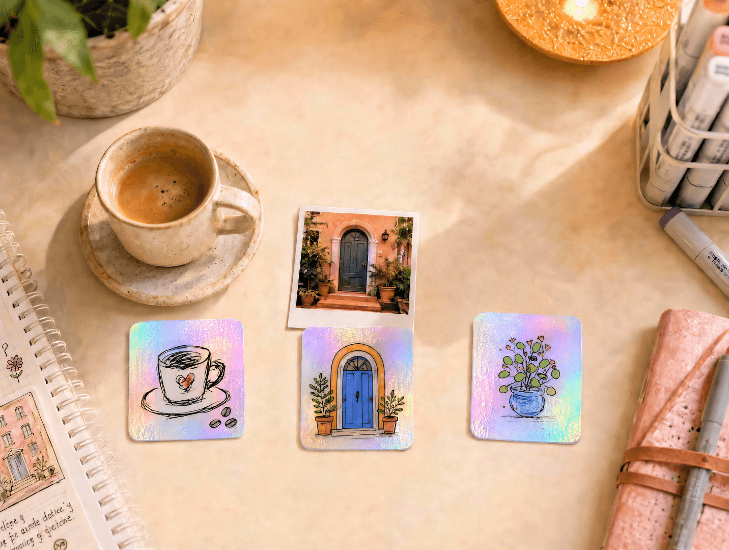 Eight holographic cards with simple drawings of a plant, avocado, sweater, perfume, and more