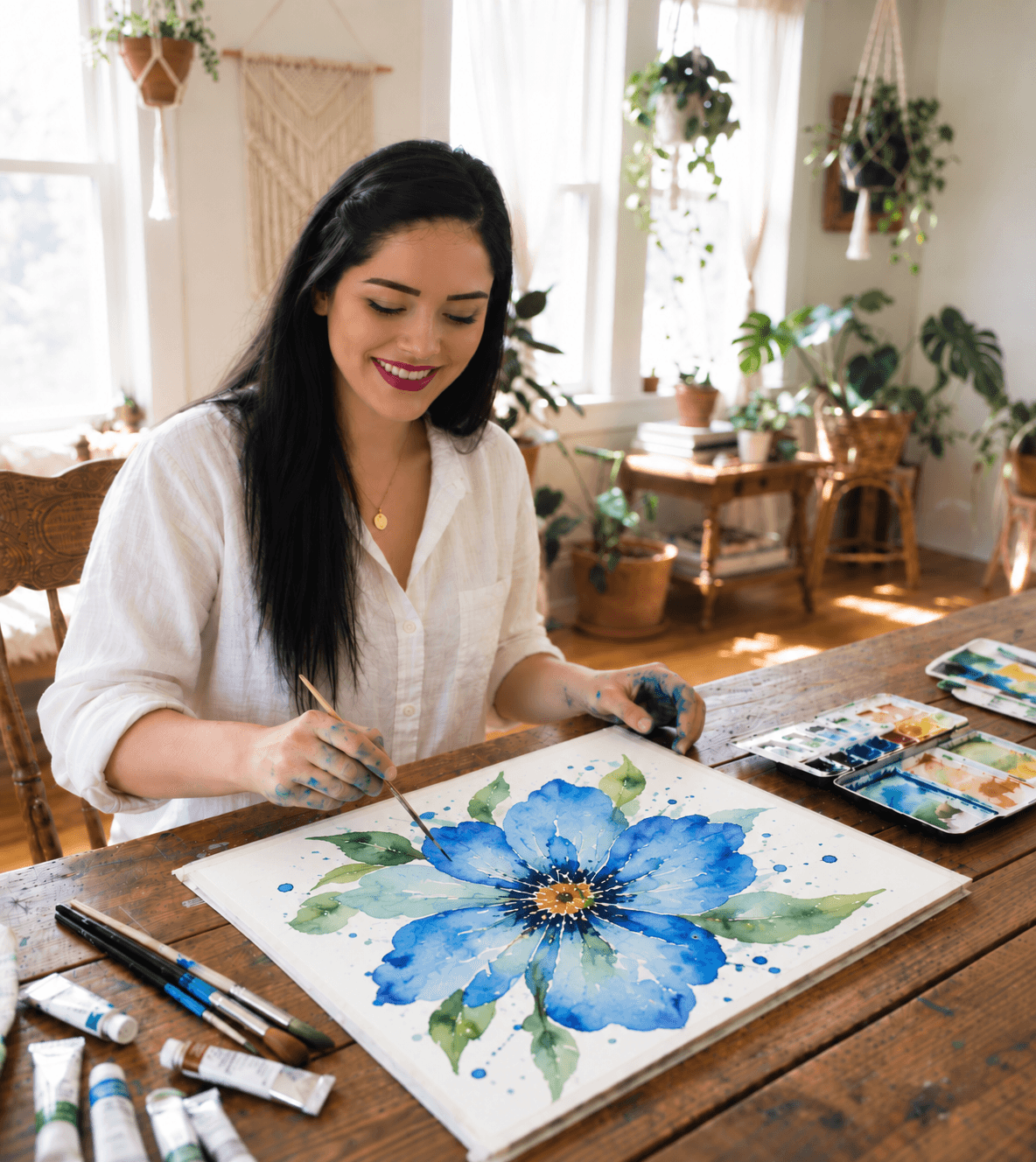 Milica drawing holographic stickers at her desk