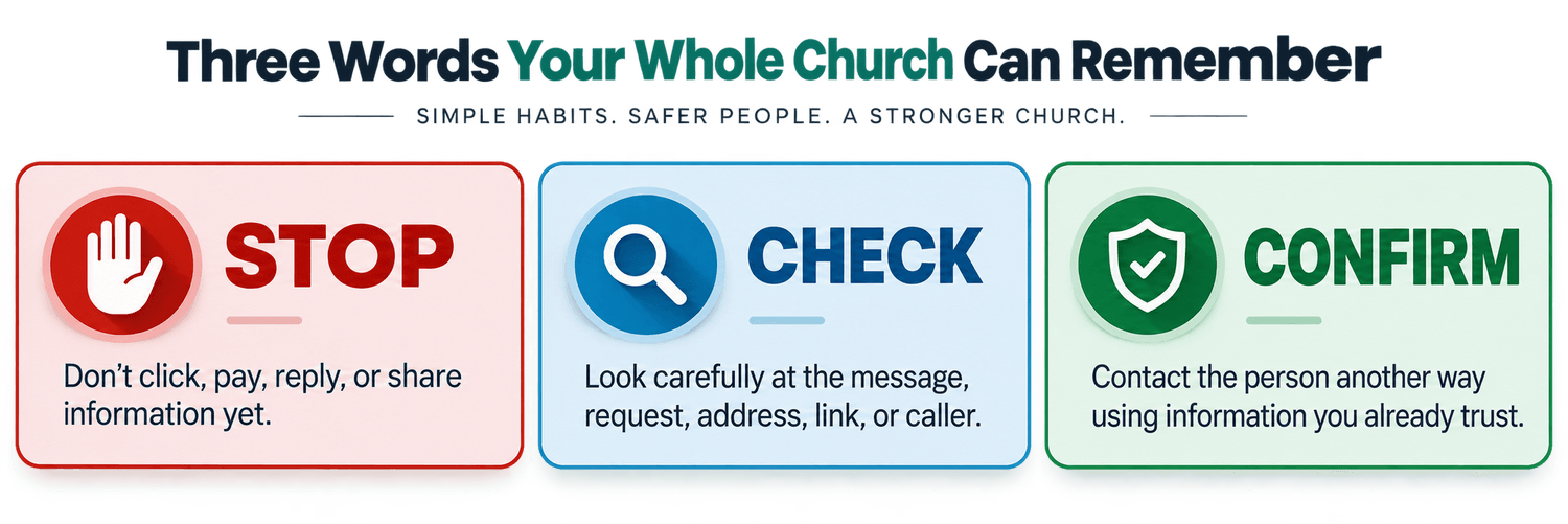 Stop. Check. Confirm. Pause before acting, examine the warning signs, and verify the request through a trusted contact.