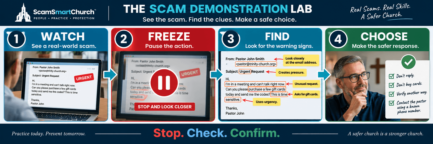 Scam Demonstration Lab process: Watch, Freeze, Find warning signs, and Choose a safer response