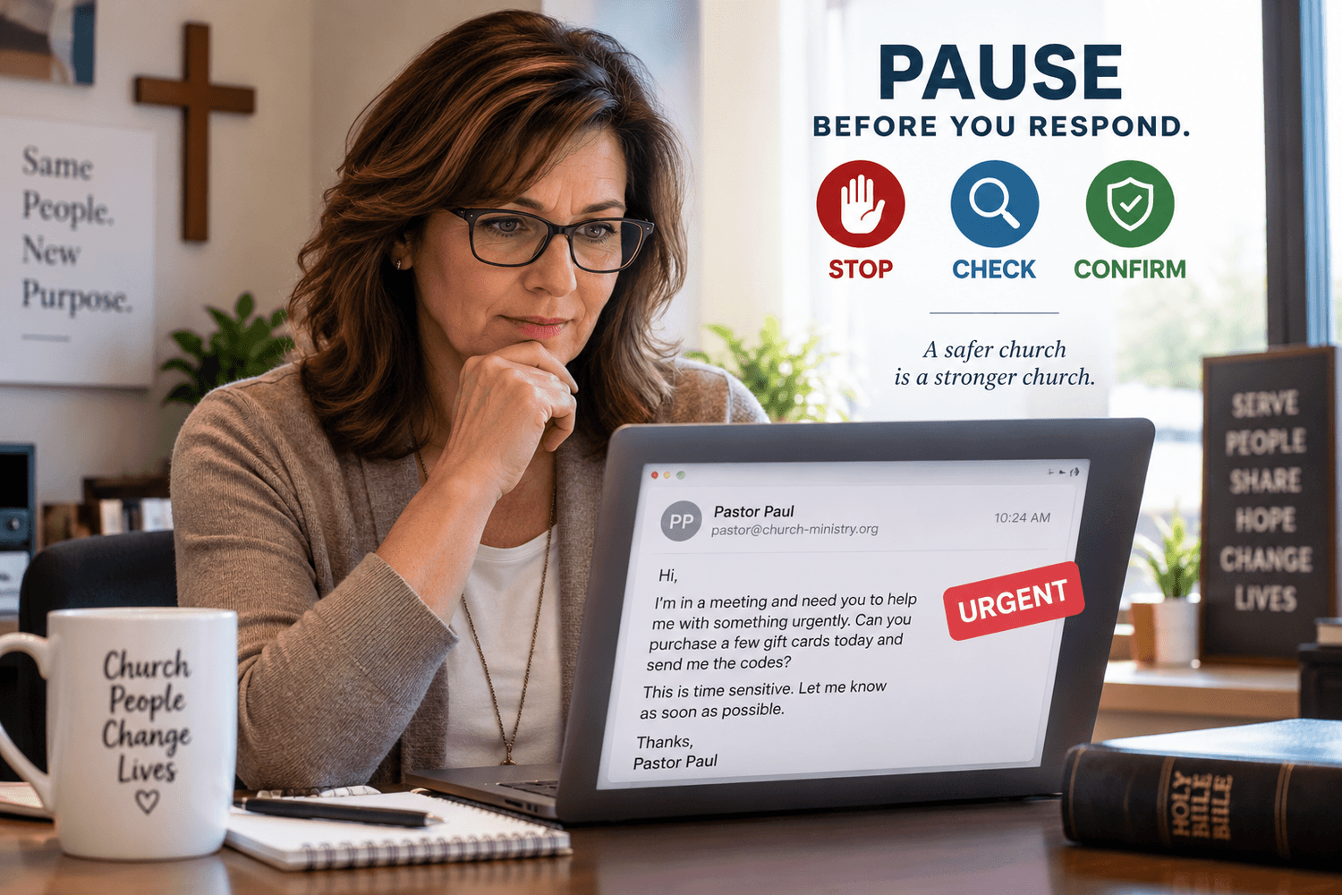 Church staff member pausing before responding to an urgent fake pastor email